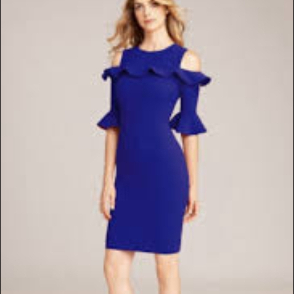 Teri Jon Royal Blue Stretch Crepe Ruffled Cold-Shoulder Dress - Size 8